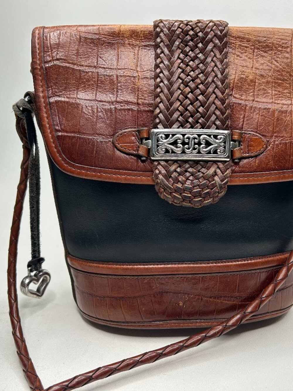 Vintage 1990s BRIGHTON Cheryl Braided Crossbody Leather Bag Purse Croco Embossed